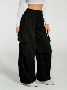 SHEIN Tall Black Street Cargo Pocket Parachute Pants