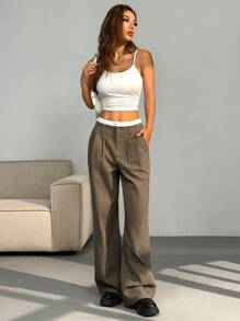 SHEIN EZwear Elegante schwarze & weiße karierte Hose mit Kontrastbund, weite gerade Passform, lässig, Herbst Winter