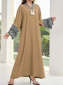 Al Najma Spring & Autumn Casual Color Block Printed Flare Sleeve Modest Long Sleeve Arabian Dress Kaftan Jalabiya Dress - Khaki - View 4