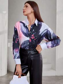 Aveloria 女士随机花卉印花长袖休闲纽扣衬衫