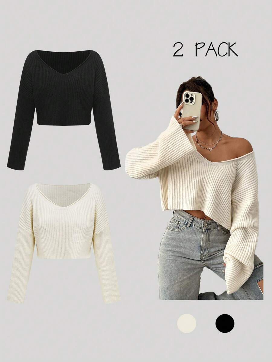 SHEIN Unity Women's V-Neck Knitted Sweater Set, Solid Color, Elegant & Soft Style, Fall Winter - Multicolor - View 1