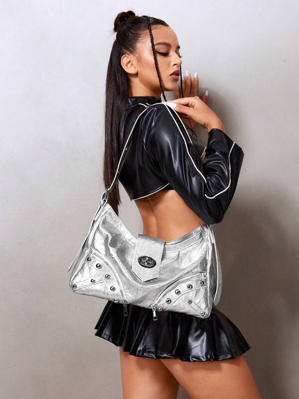 SHEIN ICON Ladies, Women Shoulder Bag,Crossbody Bag , Fashionable,  Personality, Simple, Versatile, Street, Sweet And Cool Girls, Hot Girls,Y2k, Retro, Rivets, Vintage, Biker Style,Silver,Zipper Decoration