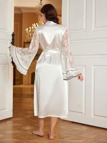 Lace Patchwork Faux Silk Wide-Sleeve Long Robe - White - View 2