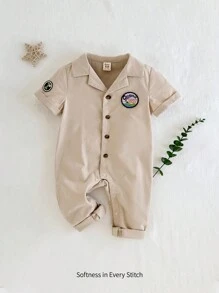 Cozy Pixies 男嬰便捷休閒短袖連體褲，帶翻領和工裝風長褲的時尚休閒裝 - 杏色 - 查看 6