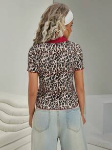 VARSITIE Retro Style Golf Leopard Print Contrast Collar Edge Slim Women Tees & Tanks - Brown - View 2