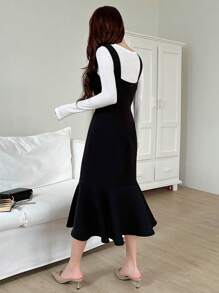 DAZY Vestido de sirena sin mangas de cuello cuadrado sólido para mujer, con volantes, ropa de otoño - Negro - Ver 2