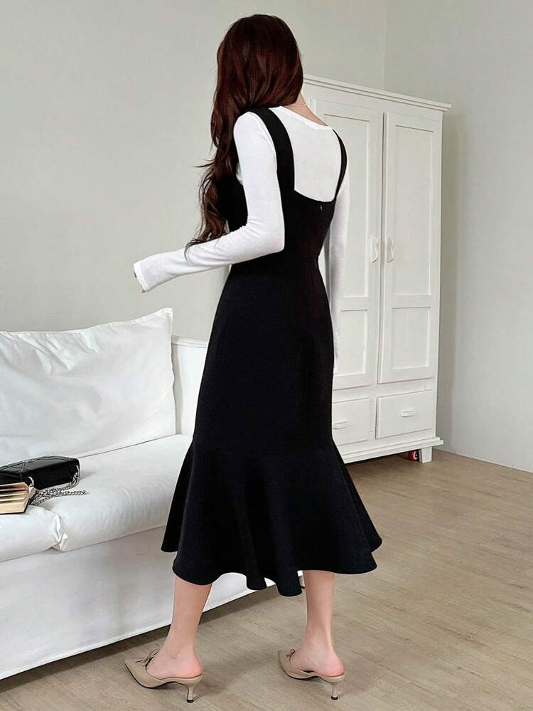 Women Solid Square Neck Sleeveless Mermaid Dress,Ruffle,Fall Clothes Maxi Dress