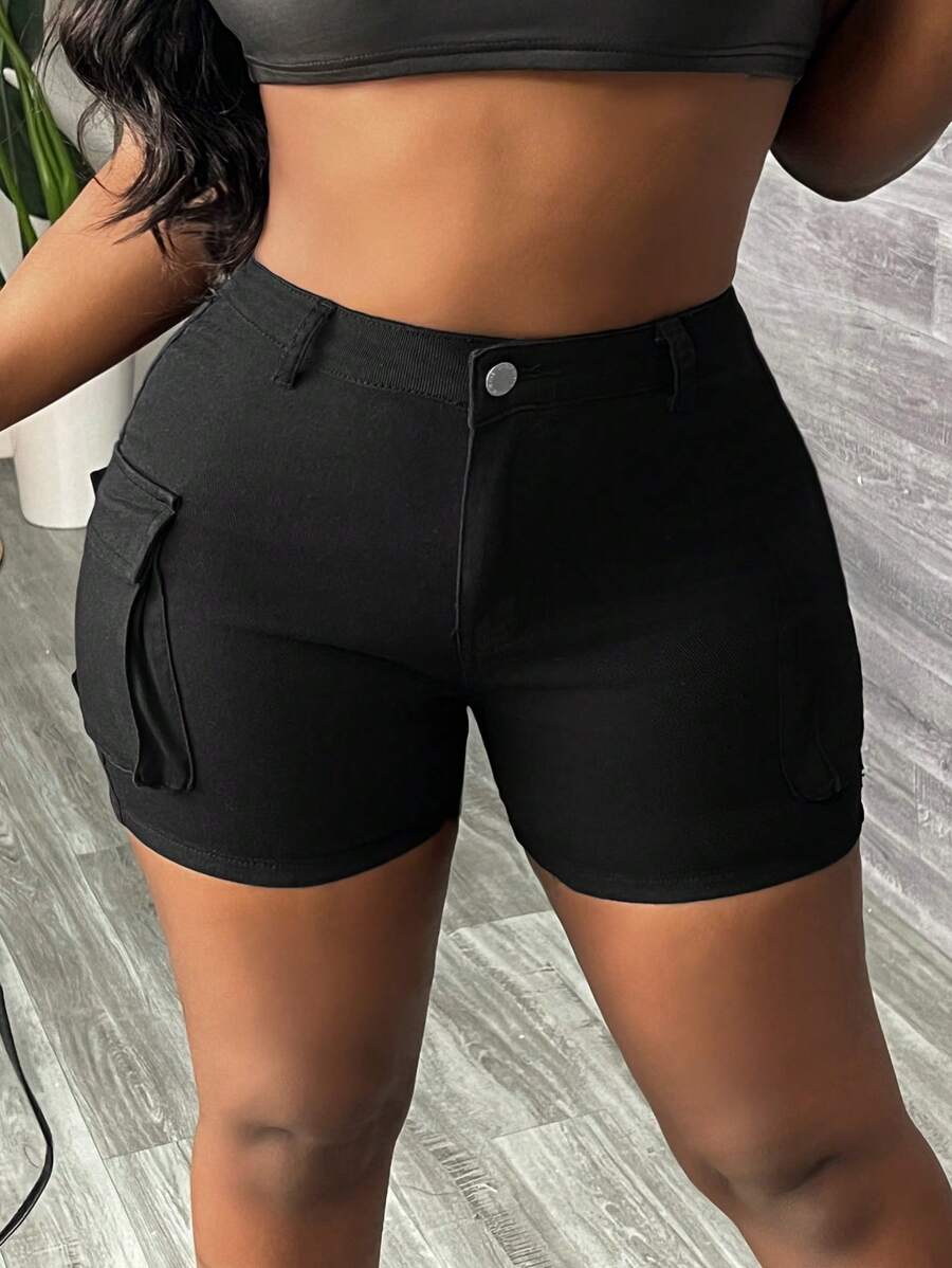 SHEIN Unity Women Solid Color Pocketed Tight Fit Denim Shorts, Summer - Black - View 1