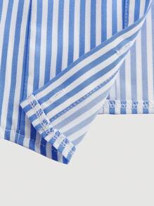 SHEIN MOD Camisa a rayas azul y blanca con cintura en la solapa, ropa de mujer, ropa de mujer para otoño, camisas de manga larga de vuelta al colegio para maestras, camisas de abotonadura, camisas azul claro, camisas a rayas, blusas lindas - Azul y blanco - Ver 3