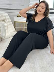 大码休闲镂空蕾丝拼布短袖睡衣套装