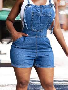 Roll Up Hem Denim Overall Romper Without Tank Top - Medium Wash - View 4