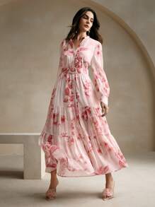 Anewsta Elegant Ditsy Floral Long Sleeve Waisted Dress For Women, Pink Maxi Women Outfit - Pink - View 1