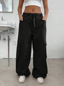 SHEIN EZwear Luźne, luźne spodnie spadochronowe w jednolitym kolorze ze sznurkiem - Czarne - Zobacz 4