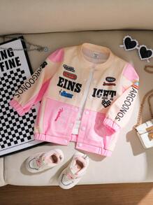 Baby Girls Letter Print Color Block Buttoned Front Long Sleeve Jacket, Casual Daily Wear
