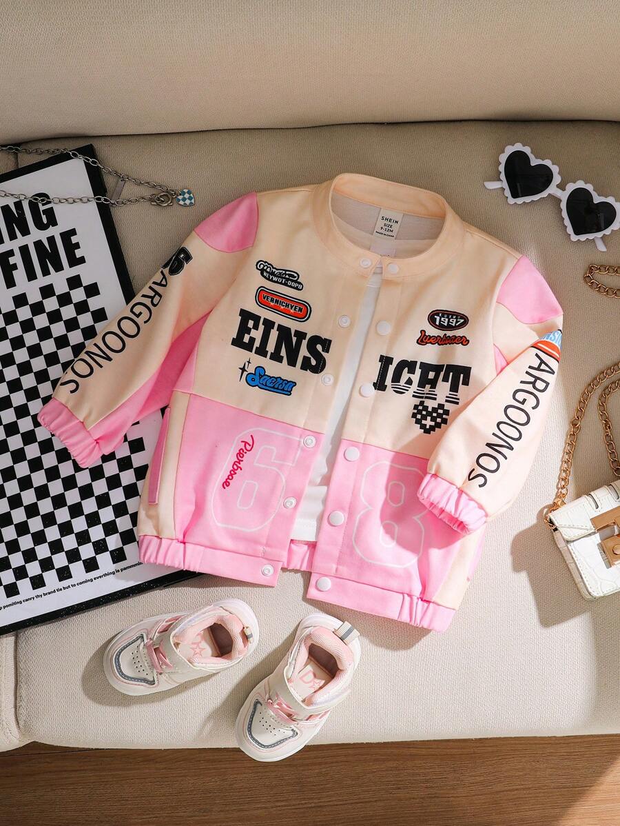 Baby Girls Letter Print Color Block Buttoned Front Long Sleeve Jacket, Casual Daily Wear