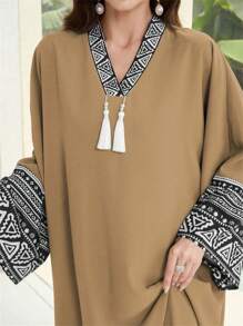 Al Najma Spring & Autumn Casual Color Block Printed Flare Sleeve Modest Long Sleeve Arabian Dress Kaftan Jalabiya Dress - Khaki - View 3