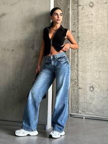 RueChic 100% Cotton Low Waist Wash Detailed Straight Cut Jean