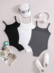 SHEIN 3 件套 Tween 女童纯色简约舒适休闲连体裤 - 深灰色 - 查看 2