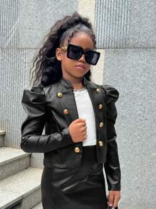 SHEIN Leap Crew Tween Girls' Oversized 3D Faux Pearl Embellished Sleeve Panel Jacket - Multicolor - View 1