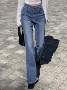 DAZY 女式休闲阔腿牛仔裤，配有多个口袋和正面纽扣