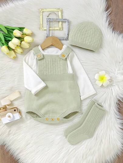 SHEIN Vintaside Kids 男婴纯色纽扣休闲围兜连体衣针织连体衣