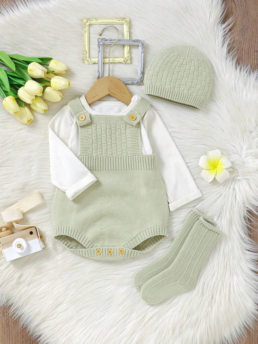 SHEIN Vintaside Kids Baby Boy Solid Color Button Casual Bib Overalls Knit Romper - Mint Green - View 1