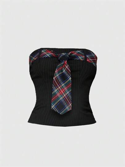 Academia Top corto tipo bandeau con patrón de rayas y cuadrícula, estilo universitario, para mujeres