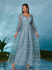 Mgiacyv V-Neck Lantern Sleeve Embroidered Lace Sleeved High-End Evening Gown,Party Dress,Formal,Wedding Guest