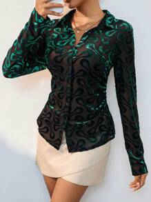 Rafferiza 女士印花时尚日常穿着长袖衬衫节日派对服装纽扣衬衫女士长袖上衣 - 綠色 - 查看 5