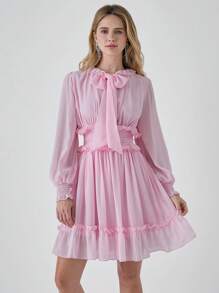 Enchnt Romantic Fall Holiday Elegant Pink Neckline Lantern Sleeves Ruffled Waist Bow  Dress - Pink - View 3