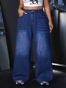 SHEIN ICON Jeans anchos de uso diario casual de talla grande - Azul lavado oscuro - Ver 1
