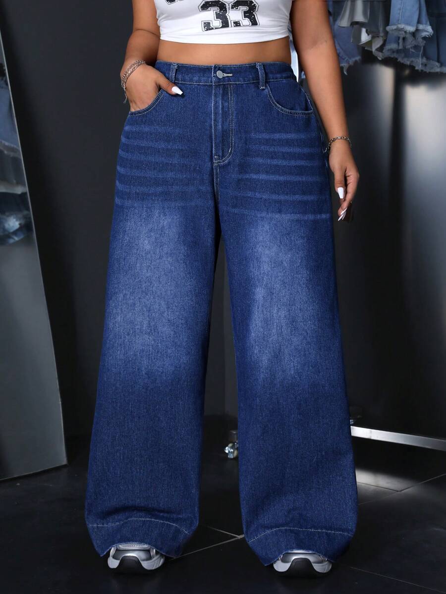 SHEIN ICON Jeans anchos de uso diario casual de talla grande - Azul lavado oscuro - Ver 1