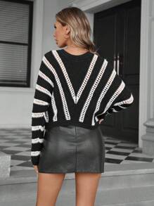 Aveloria Modichic Women's Autumn/Winter Colorblock Striped Hollow Round Neck Loose Knit Pullover Sweater Knit Pullover Fall Outfit