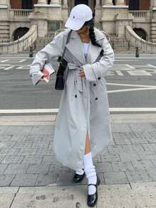 Muchica Women Simple Solid Gray Woven Belted Trench Coat - Grey - View 5