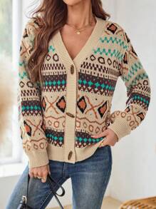 EMERY ROSE Women's Multicolor Jacquard Long Sleeve V-Neck Cardigan