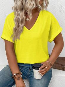 Plus Size Women V-Neck Cuffed Sleeve Casual T-Shirt - Yellow - View 6