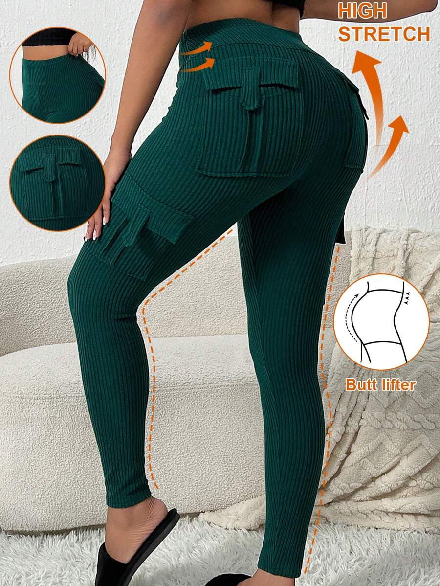SHEIN SXY Bộ quần legging bó sát dài đến mắt cá chân phong cách thường ngày trở lại trường dành cho nữ mùa thu - Màu xanh lá cây đậm - Xem 1