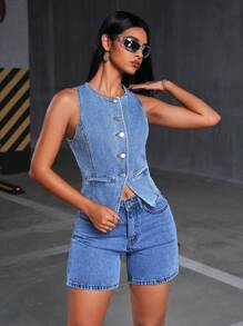 SHEIN EZwear Chaqueta vaquera sencilla con bolsillo delantero y botones para mujer, sin mangas, uso casual