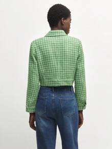 BizChic White & Green Plaid Print Tweed Turndown Collar Zip Up Long Sleeve Jacket - Green - View 2