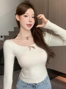 DAZY Women's Solid Minimalist Everyday Bow Accent Patchwork Pullover Sweater,Fall Clothes - Beige - View 3