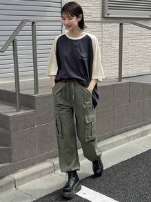 FRIFUL 女士简约休闲拼色圆领短袖T恤超大码T恤 - 藏蓝色 - 查看 2