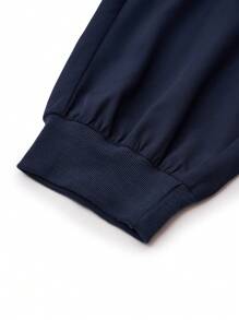 SHEIN TaskFit 2pcs Plus Size Zip-Up Short Sleeve Top And Straight Leg Casual Pants Set, Plus Size Uniforms & Scrubs - Navy Blue - View 12