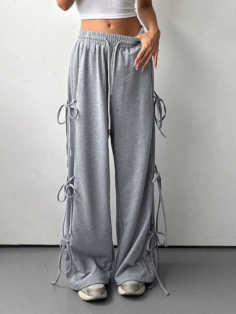 Women Solid Tie Bow Wide Leg Sweatpants