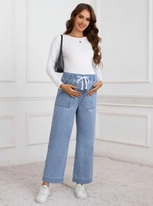 SHEIN Maternity Drawstring Waist Side Pockets Straight Loose Casual Jeans - Medium Wash - View 4