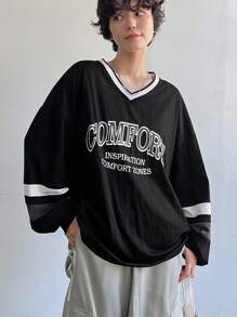 FRIFUL 女士V领撞色字母印花休闲长袖T恤，秋季服装 - 黑色 - 查看 9