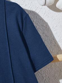 SHEIN 2pcs/Set Kemeja Polo Lengan Pendek Kerah Lipat Kasual Longgar Warna Polos untuk Anak Laki-laki Remaja dan Celana Pendek - Navy Blue - View 3