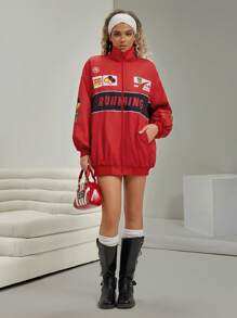 VARSITIE 高尔夫网球休闲女式拉链字母与图案印花休闲长袖夹克 - 紅色 - 查看 3