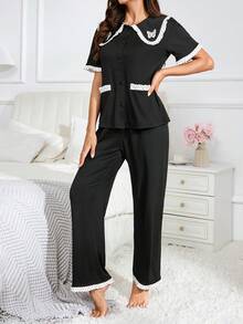 Nữ Peter Pan Cổ Nút Tay Ngắn Colorblock Túi Áo Và Quần Bộ Pyjama Thông Thường - màu đen - Xem 5