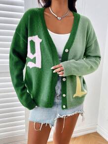 SHEIN Unity Áo thun đơn giản màu trơn tay dài cài nút phía trước thường ngày - màu xanh lá - Xem 1