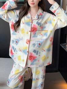 女士彩色长袖上衣和裤子睡衣套装（2件套），春秋季，两件套，秋冬服装